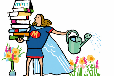 Comiczeichnung: Person im Superman-Anzug hält Bücherstapel in der Hand