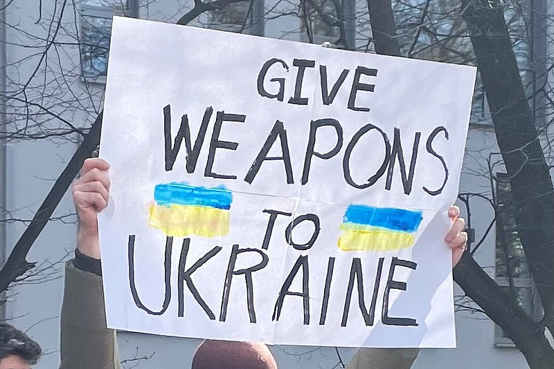 Demonstrationsschild mit der Aufschrift "Give weapons to ukraine"