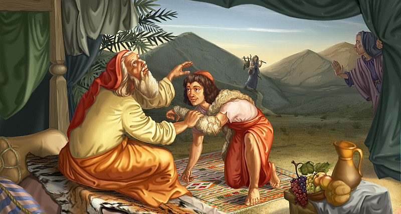Jakob beugt sich demütig zu seinem Vater Isaak herunter, der ihm die Hand auf den Kopf legt (Gemälde)