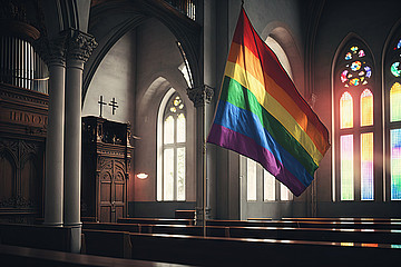 Regenbogenflagge in einer Kirche