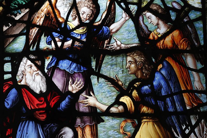Fenstergemälde der Pfarrkirche Saint-Étienne-du-Mont in Paris: Abraham begegnet drei mysteriösen Engeln, die die Heilige Dreifaltigkeit symbolisieren.