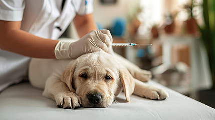 Ein Hund liegt auf einer Liege, ein Arzt setzt eine Spritze an.