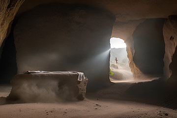 Blick aus einer Höhle nach draußen ins Licht, ein Bett aus Stein mit einem Laken ist in der Höhle zu sehen
