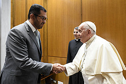 COP28-Vorsitzender Sultan Ahmed Al Jaber schüttel Papst Franziskus die Hand.