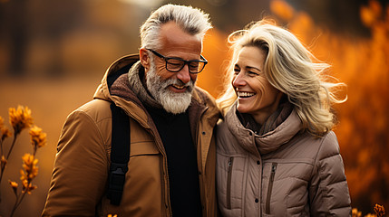 Ein grauhaariges Paar mit glücklichem Gesichtsausdruck unternimmt einen Spaziergang. 
