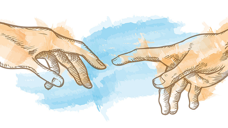 Illustration zweier Hände, die sich mit ihren ausgestreckten Zeigefingern fast berühren.