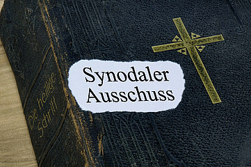 Bibel mit Schriftzug Synodaler Ausschuss.