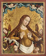 Zu sehen ist eine Frau mit starker Körperbehaarung, die hier die heilige Maria Magdalena darstellen sollen..